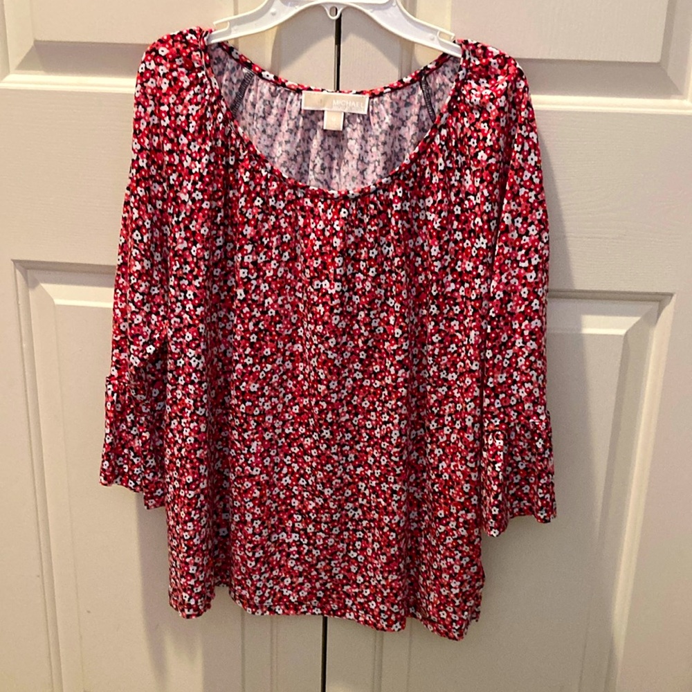 Michael Kors red,pink,black,white floral ditzy print kimono sleeve modal top